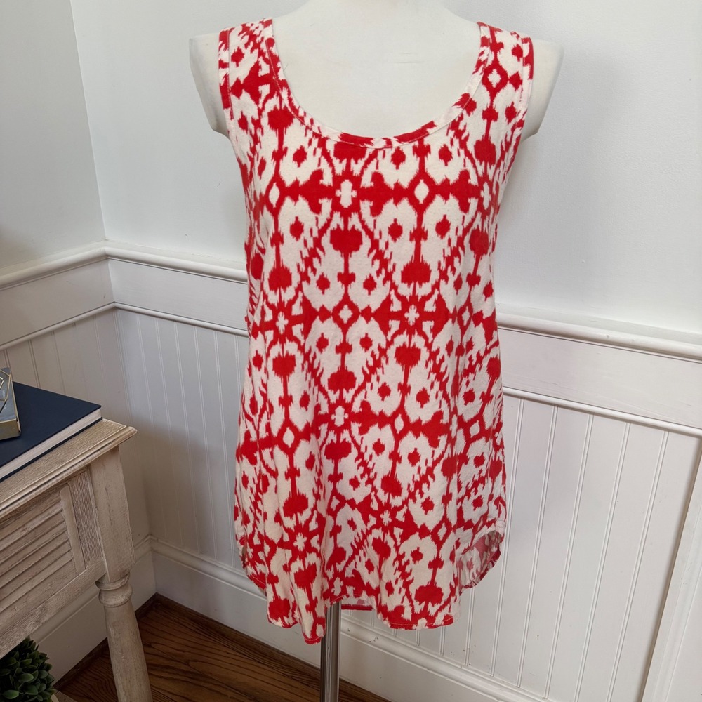 KAVU Red White Ikat Diamond Print Sleeveless Back Cutout Dress Tunic Womens Med